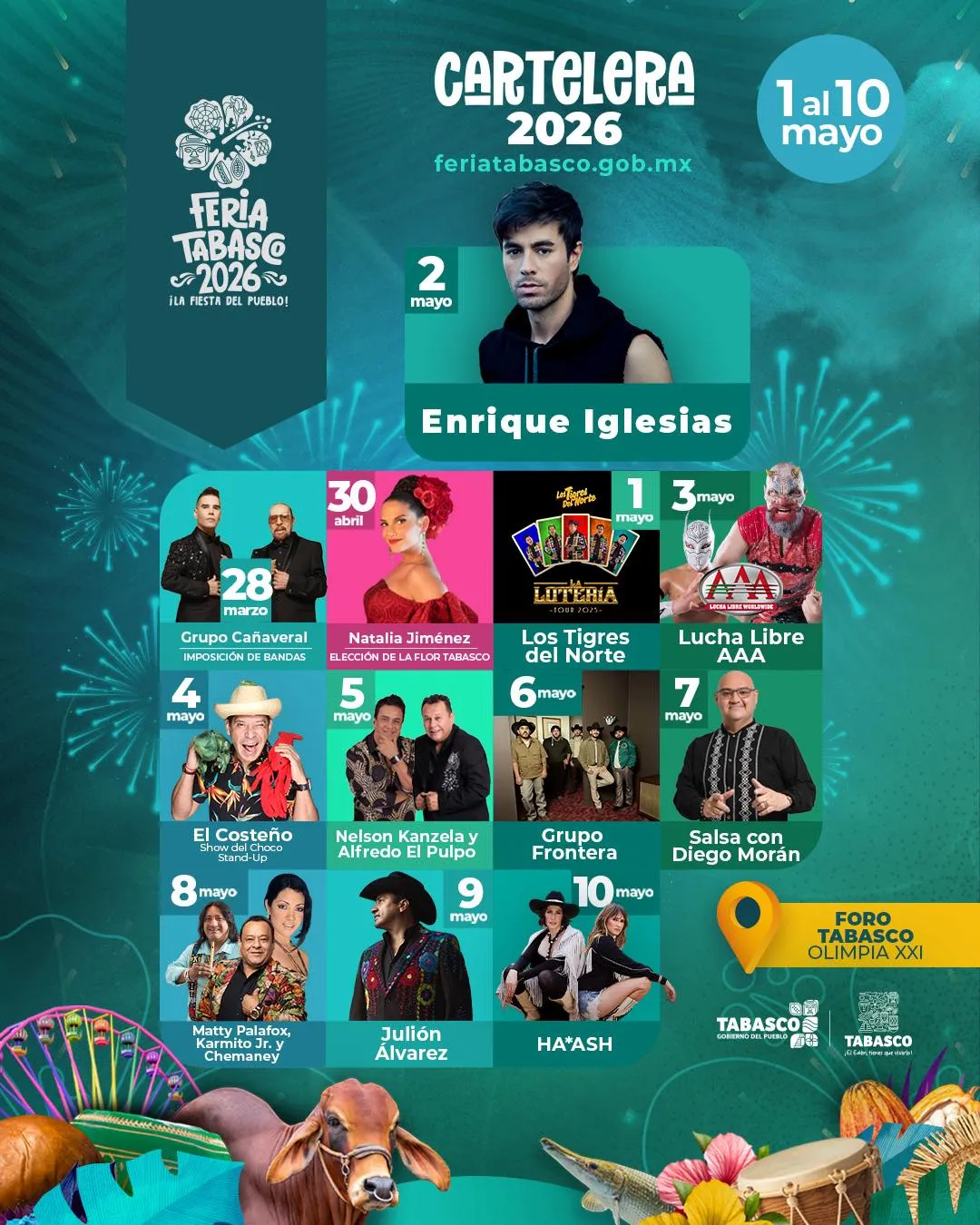 Cartelera de la Feria Tabasco 2026